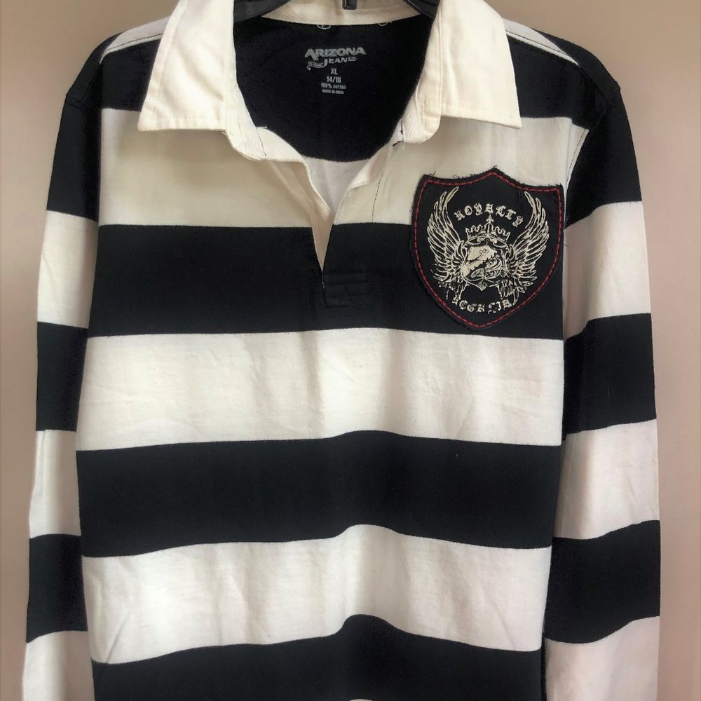 Boys LS Black and White Striped Polo
